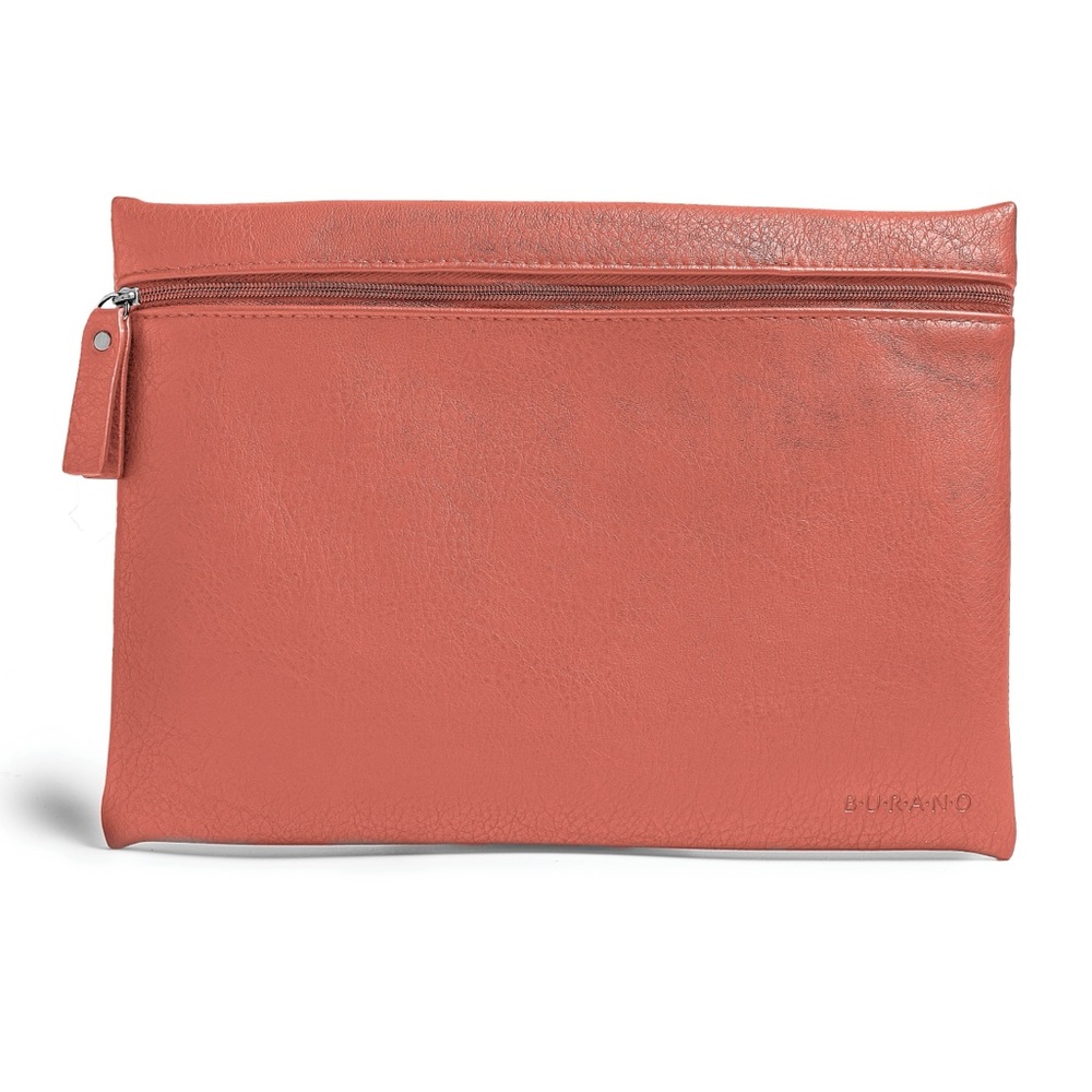 Burano Cosmetic Bag Vegan Leather Flat Zipper Pouch Coral Make Up Bag